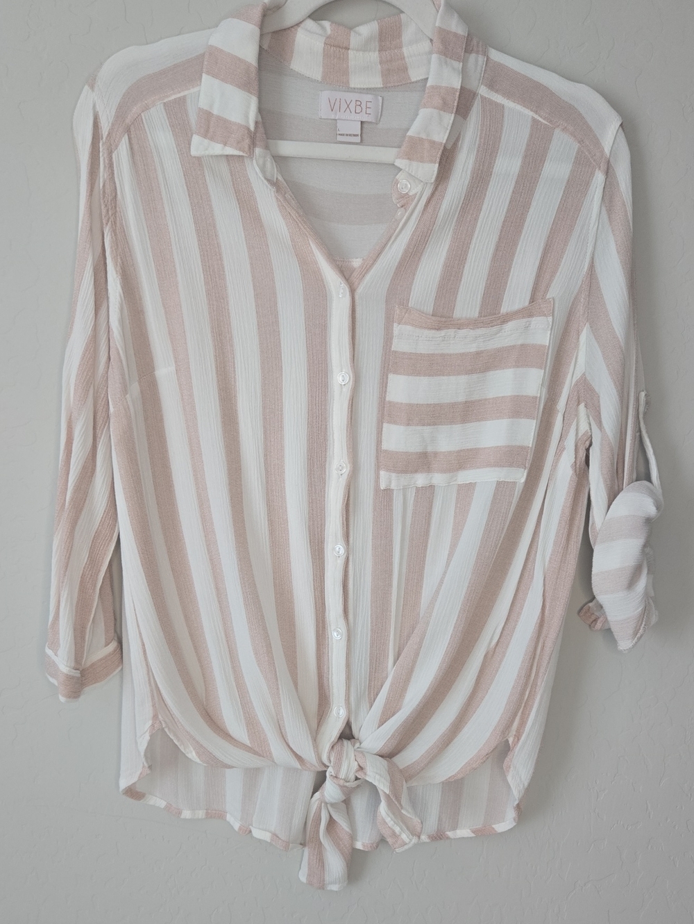 Blush Stripe Button-Front Tie Hem Shirt
